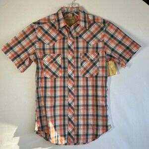 Wrangler Western Shirt Mens Small Orange Green Plaid Short Sleeve Pearl Snap New